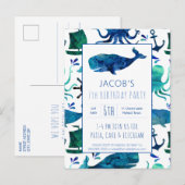 Onder het Zee Waterverf Whale Birthday Nautical Uitnodiging Briefkaart (Voorkant / Achterkant)