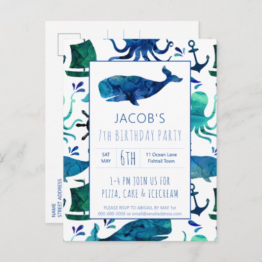 Onder het Zee Waterverf Whale Birthday Nautical Uitnodiging Briefkaart (Voorkant / Achterkant)