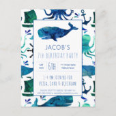 Onder het Zee Waterverf Whale Birthday Nautical Uitnodiging Briefkaart (Voorkant)