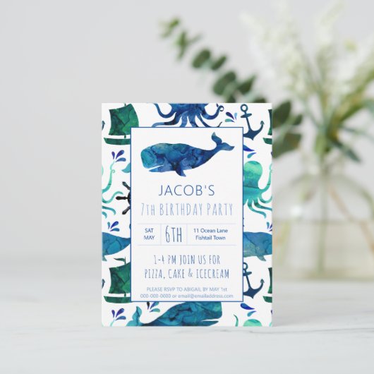Onder het Zee Waterverf Whale Birthday Nautical Uitnodiging Briefkaart (Staand voorkant)