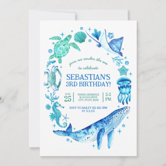 Onder het Zee Waterverf Zee Creatures Blue Kaart (Voorkant)