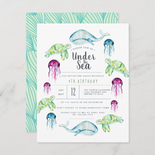 Onder het Zee | Waterverf zeedieren Kaart (Voorkant / Achterkant)