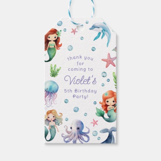 Onder het Zee Waterverf Zeemeermin Verjaardagsfees Cadeaulabel (Voorkant)