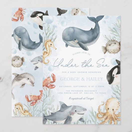 Onder het Zee Whale Baby shower Invitation Kaart (Voorkant / Achterkant)