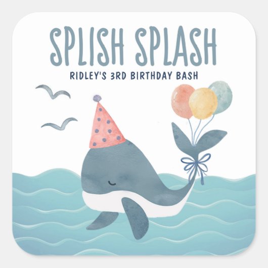 Onder het Zee | Whale Balloons Beach Kids Verjaard Vierkante Sticker (Voorkant)