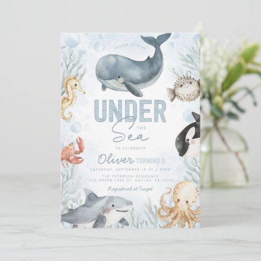 Onder het Zee Whale Birthday Invitation Kaart (Staand voorkant)