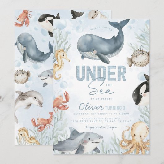 Onder het Zee Whale Birthday Invitation Kaart (Voorkant / Achterkant)