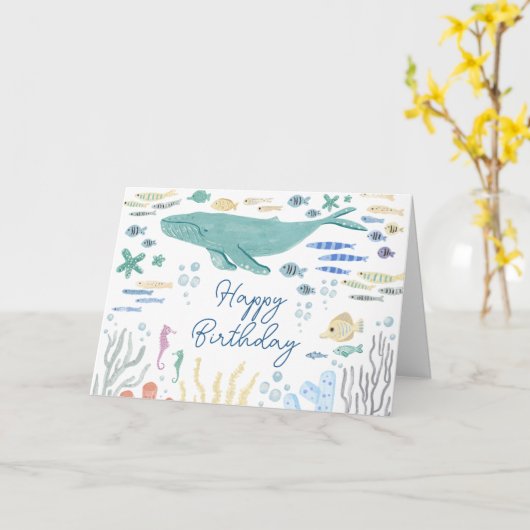 Onder het Zee Whale Happy Birthday Kaart (Gele Bloem)