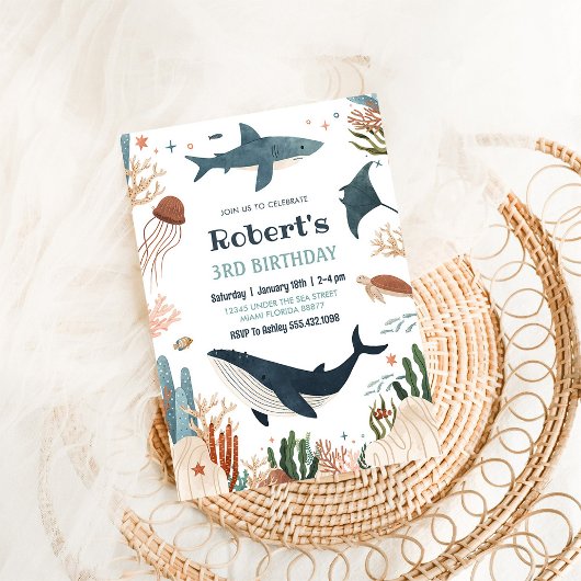 Onder het Zee Whale Turtle Shark 1st Birthday Kaart