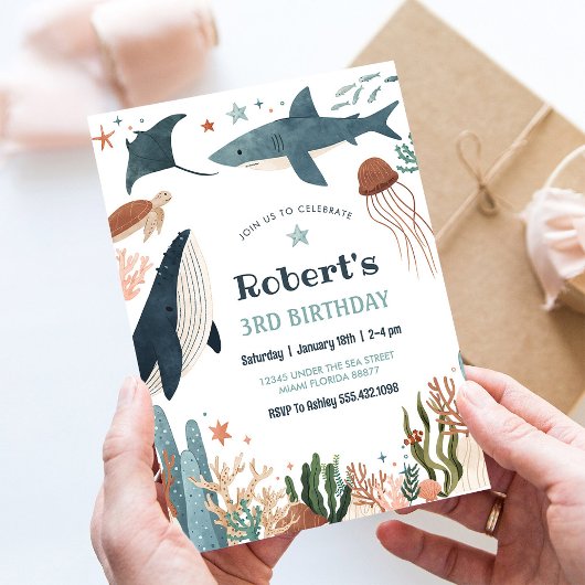 Onder het Zee Whale Turtle Shark 1st Birthday Kaart