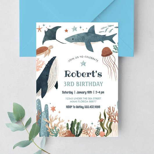 Onder het Zee Whale Turtle Shark 1st Birthday Kaart