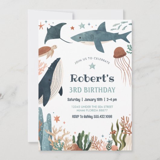 Onder het Zee Whale Turtle Shark 1st Birthday Kaart (Voorkant)