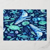 Onder het Zee Whale Waterverf Navy Blue Birthday Folie Uitnodiging (Achterkant)