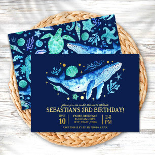 Onder het Zee Whale Waterverf Navy Blue Birthday Folie Uitnodiging