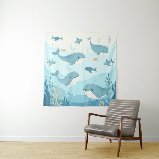 Onder het Zee Whales & Fish Nursery Achtergrond Wandkleed (In situ)