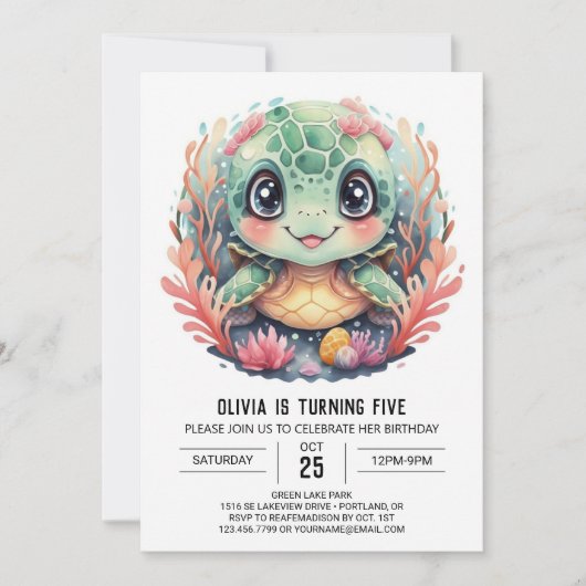 Onder het Zee Whimsical Turtle Girl Verjaardag Kaart (Voorkant)