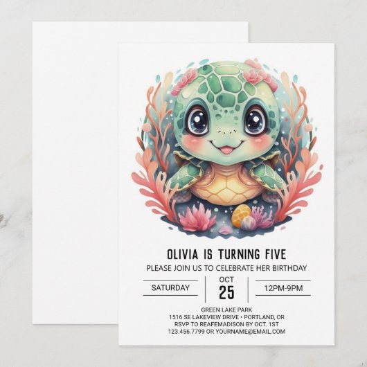 Onder het Zee Whimsical Turtle Girl Verjaardag Kaart (Voorkant / Achterkant)