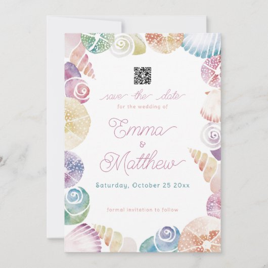 Onder het Zee Whimsical Waterverf Foto & QR Save The Date (Voorkant)
