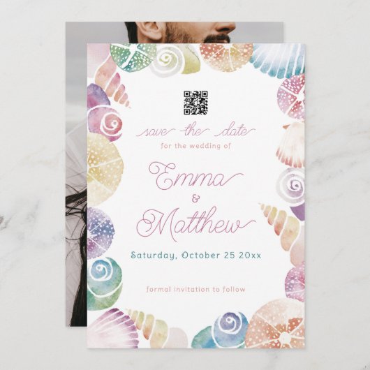 Onder het Zee Whimsical Waterverf Foto & QR Save The Date (Voorkant / Achterkant)