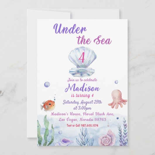 Onder het Zee Zeemeermin 4e Verjaardagsfeest Kaart (Voorkant)