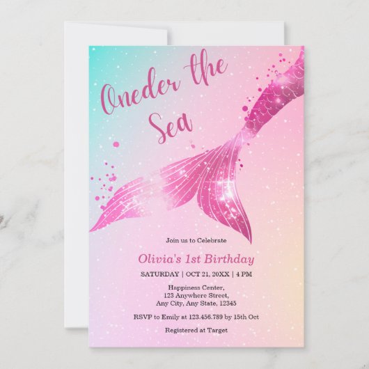 Onder het Zee Zeemeermin Baby Meisje 1e Verjaardag Kaart (Voorkant)