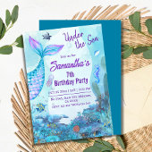 Onder het zee zeemeermin blauw & paarse 7e verjaar kaart