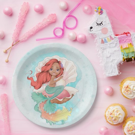 Onder het Zee Zeemeermin (Donkere huid) in Oyster  Papieren Bordje (Feest)