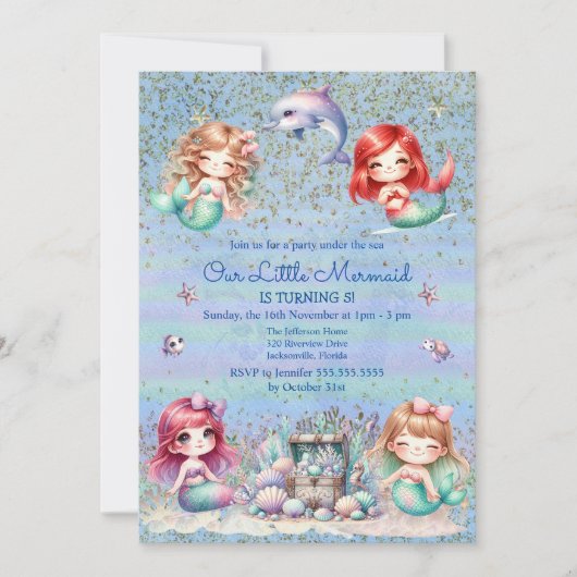 Onder het Zee Zeemeermin Glitter Verjaardag Kaart (Voorkant)