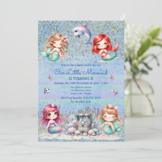 Onder het Zee Zeemeermin Glitter Verjaardag Kaart (Staand voorkant)