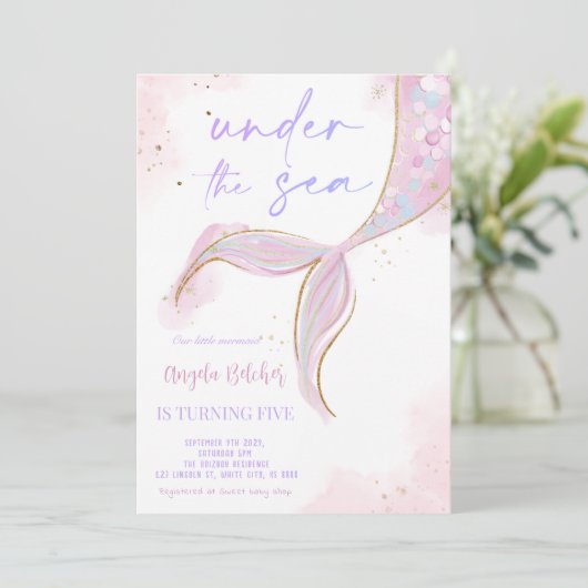 Onder het Zee Zeemeermin Paarse Blauwgroen Eerste  Kaart (Staand voorkant)