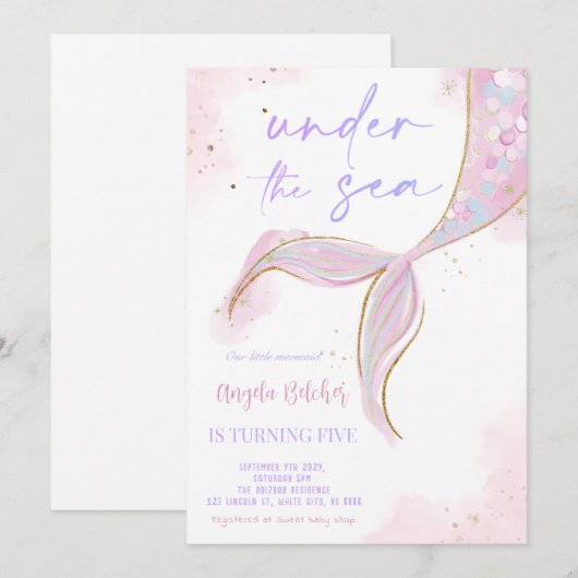 Onder het Zee Zeemeermin Paarse Blauwgroen Eerste  Kaart (Voorkant / Achterkant)