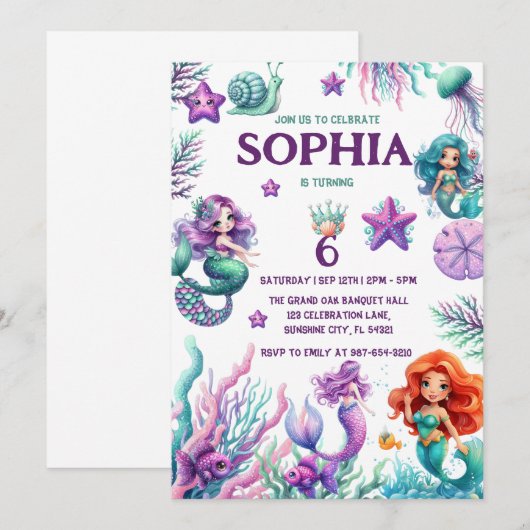 Onder het Zee, Zeemeermin Verjaardag Meisjes Kaart (Voorkant / Achterkant)