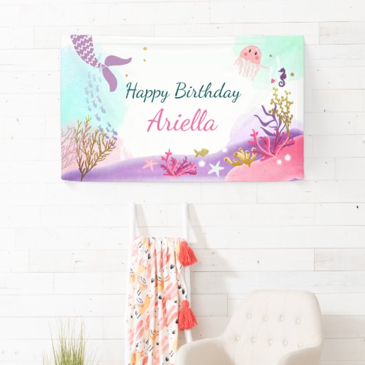 Onder het Zee Zeemeermin verjaardagsbanner Pink Go Spandoek (Insitu)