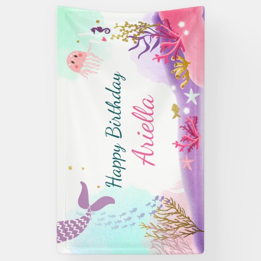 Onder het Zee Zeemeermin verjaardagsbanner Pink Go Spandoek (Verticaal)