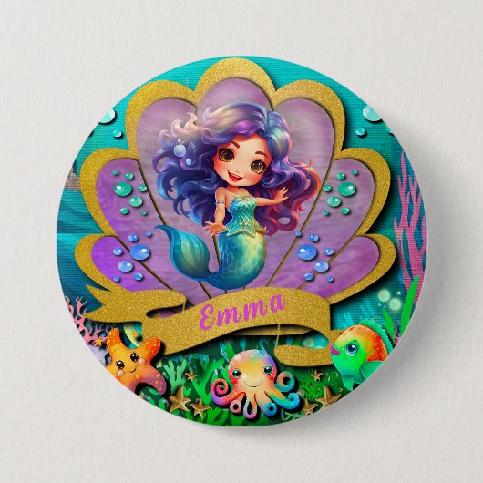 Onder het Zee & Zeemeermin Verjaardagsmeisjesfeest Ronde Button 7,6 Cm (Voorkant)