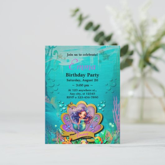 Onder het Zee & Zeemeermin Verjaardagsmeisjesfeest Uitnodiging Briefkaart (Staand voorkant)