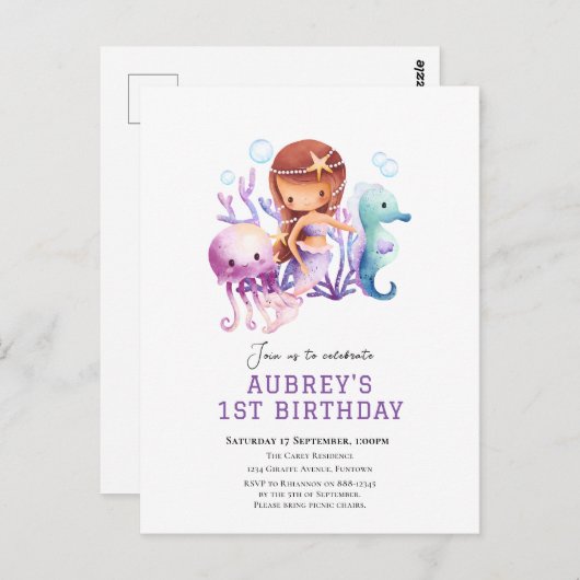 Onder het zee Zeemeermin verjaardagsuitnodiging Briefkaart (Voorkant / Achterkant)