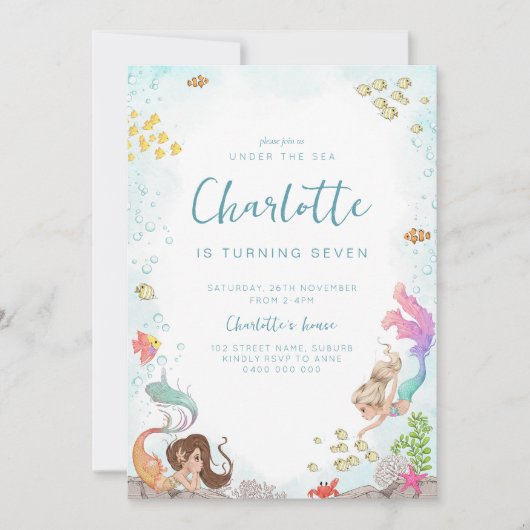 Onder het Zee, Zeemeermin Verjaardagsuitnodiging Kaart (Voorkant)