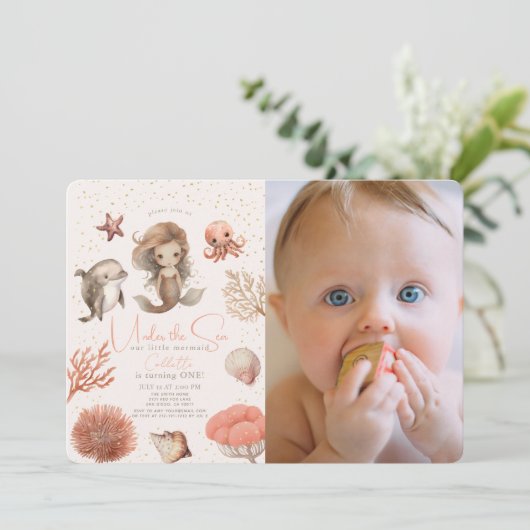 Onder het Zee Zeemeermin Zee Roze 1e Verjaardag Fo Kaart (Staand voorkant)