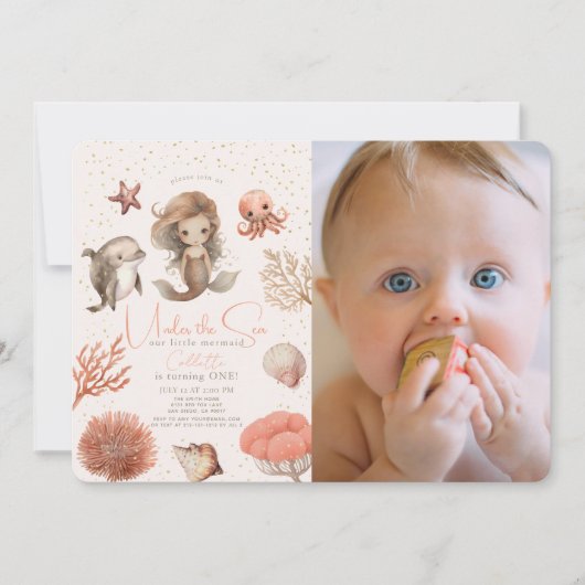Onder het Zee Zeemeermin Zee Roze 1e Verjaardag Fo Kaart (Voorkant)