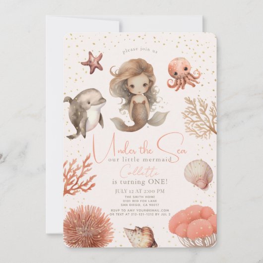 Onder het Zee Zeemeermin Zee Roze Meisje 1e Verjaa Kaart (Voorkant)