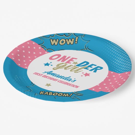 Onder Meisje Roze en Blauw Eerste Verjaardag Papieren Bordje (Gekanteld)