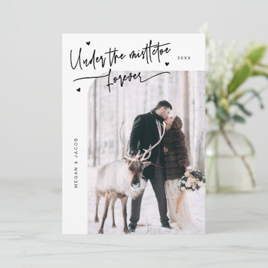 Onder Mistletoe Forever Pas getrouwd Foto Wit Feestdagenkaart (Staand voorkant)