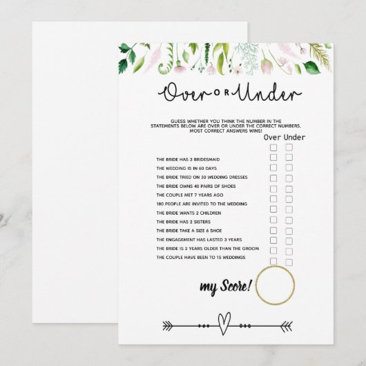 Onder of over bruids baby shower spel kaart (Voorkant / Achterkant)