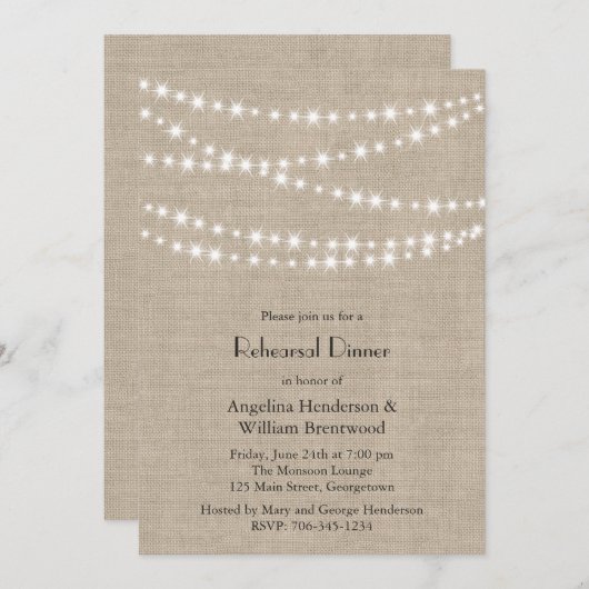 Onder Twinkle lampjes op Burlap Rehearsal Dinner Kaart (Voorkant / Achterkant)