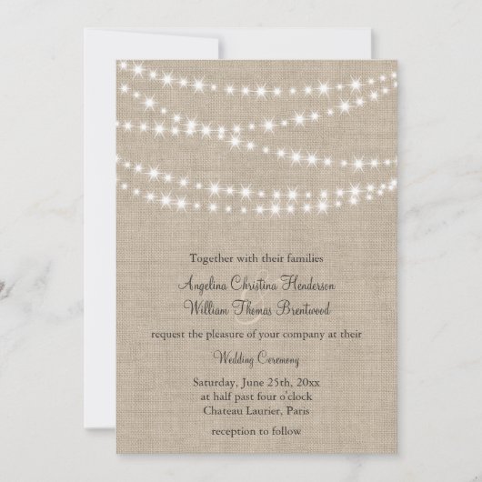 Onder Twinkle Lights op Burlap Wedding Invitation Kaart (Voorkant)