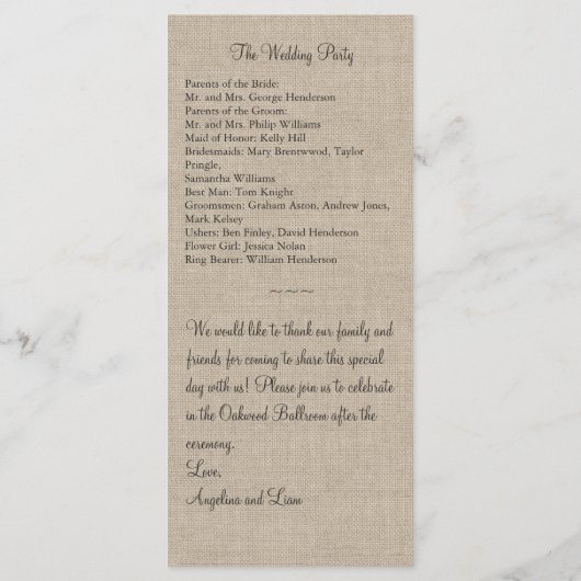 Onder Twinkle Lights op Burlap Wedding Program Programmakaart (Achterkant)