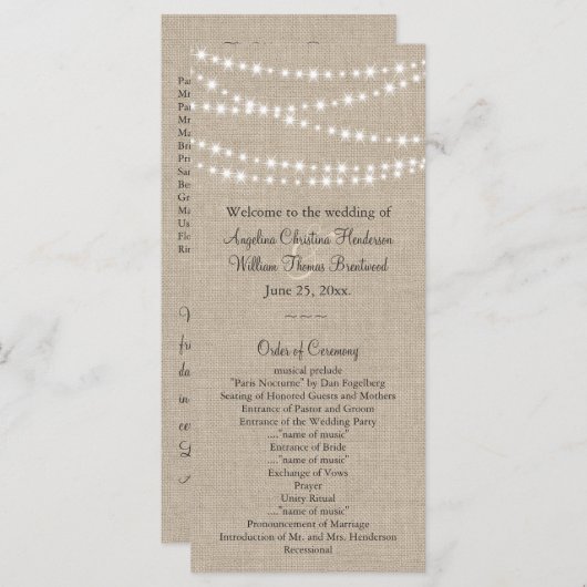 Onder Twinkle Lights op Burlap Wedding Program Programmakaart (Voorkant / Achterkant)