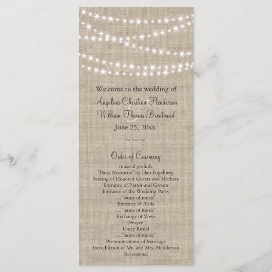 Onder Twinkle Lights op Burlap Wedding Program Programmakaart (Voorkant)
