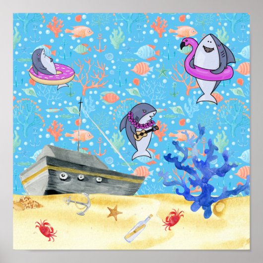 Onder water Deep Zee Shark Party Time Kinder Poster (Voorkant)
